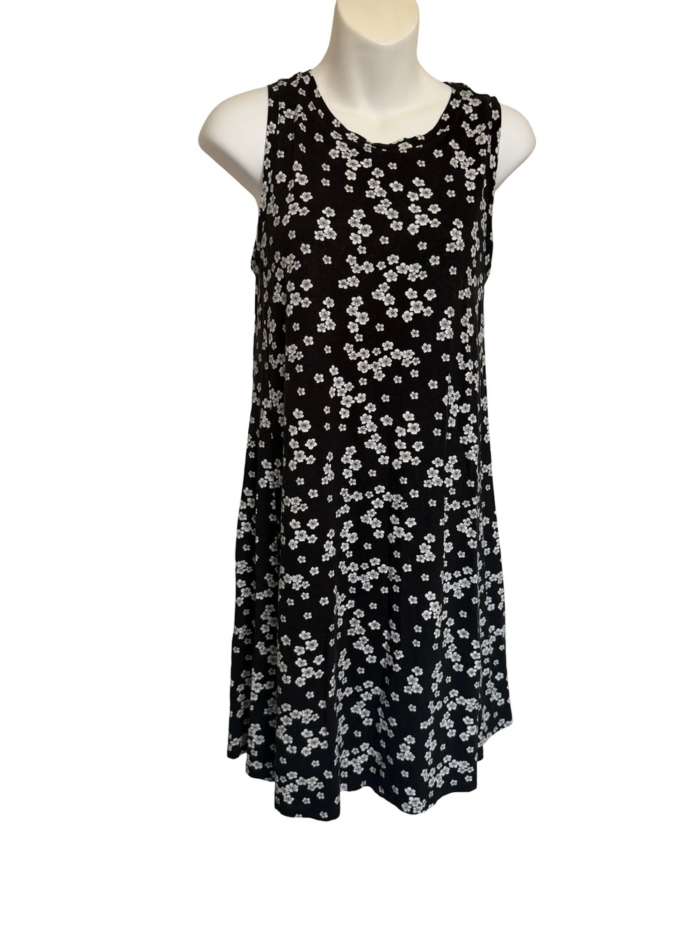 LOFT Outlet Black Sleeveless Mini Dress with White Floral Print